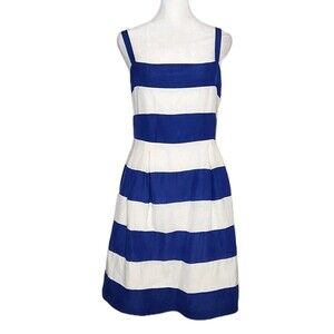 LOFT Linen Blend Royal Blue White Striped Sleeveless Dress Women's 12 Nautical